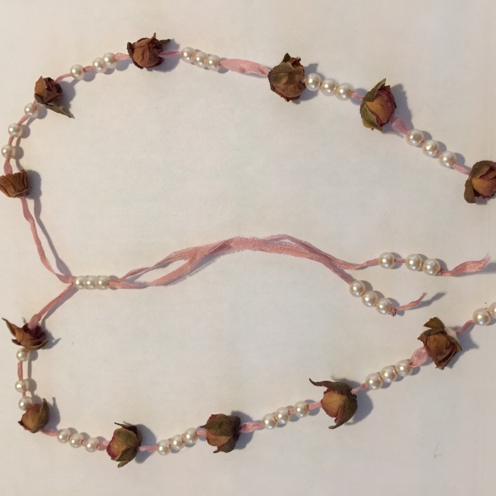 Real dried rosebud and ribbon necklace